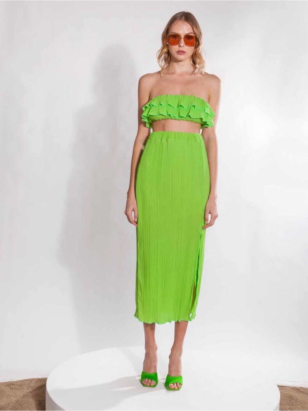 Sonita Green Top Mallory The Label- Neon Green Pleated Midi Skirt